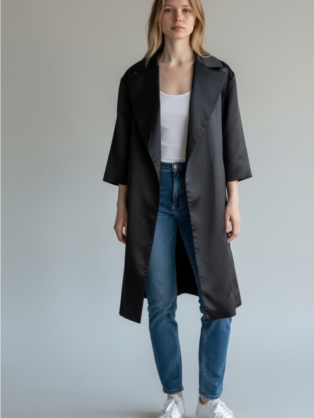 Vintage Banana Republic Black Satin Coat Trench Swing Jacket Y2K minimalist Med